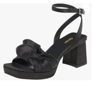 Pazzion Black Satin Platform Square Toe Pleated Ruffle Sandal Block Heel Shoes